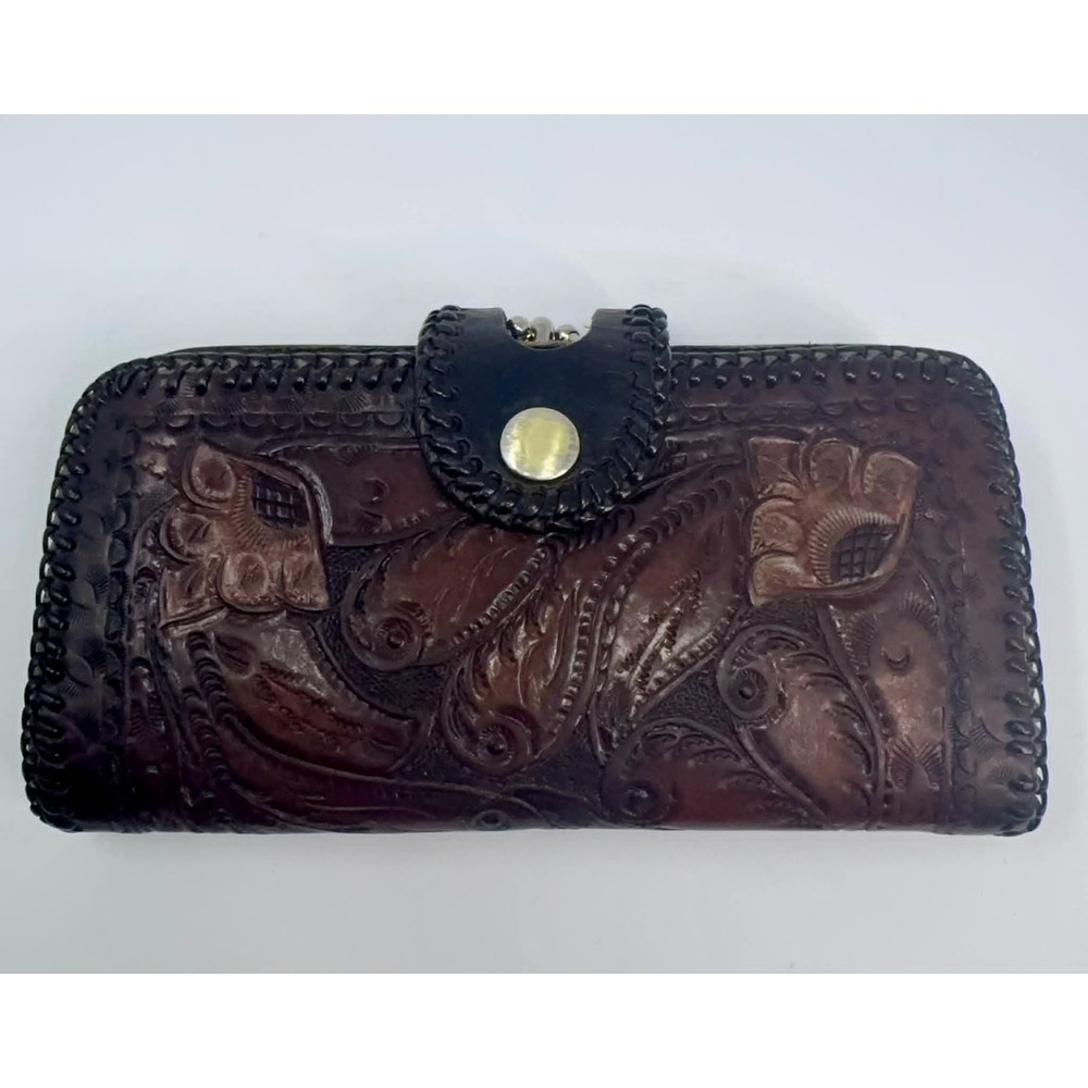 Vintage Hand Tooled Leather Clutch Brown Kisslock Multi Slot Wallet Floral Boho